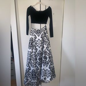 Two Piece long sleeve off the shoulder prom dress with decor sparkle skirt